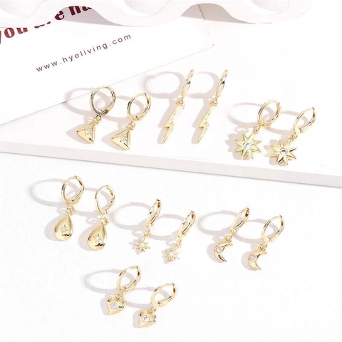 Orecchini In Ottone Placcato Oro Zircone Geometrici Luna Stella Fulmine Cuore Goccia D'acqua Pendenti Gioielli Moda Donna
