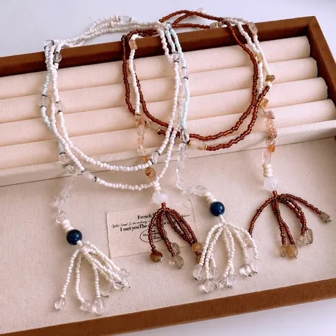 Bohemian Beaded Tassel Necklace Glass Crystal Copper Ethnic Vintage Versatile Long Sweater Chain Women