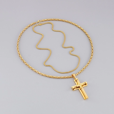 Men Double Layer Cross Pendant Necklace Stainless Steel Byzantine Box Chain Hip Hop Industrial Gothic Jewelry