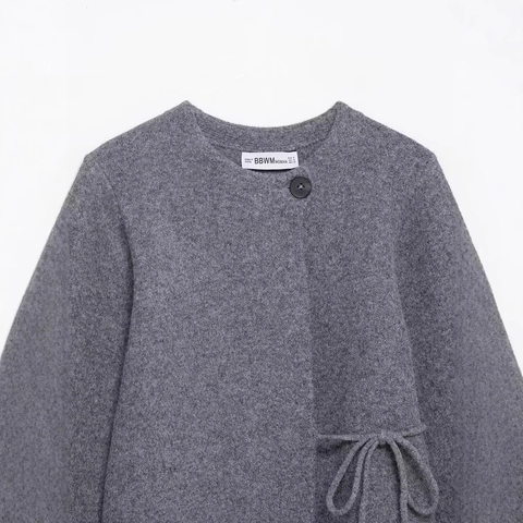 Women Casual Knitted Cardigan Sweater Solid Gray Round Neck Drawstring Waist Bell Sleeve Loose Fit Streetwear Knitwear Jacket