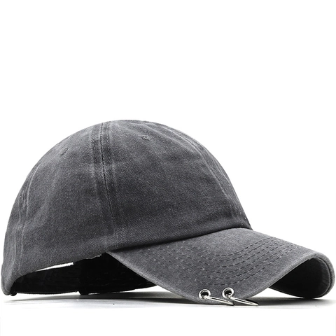 Washed Cotton Baseball Cap Vintage Distressed Peaked Hat Metal Rings Decoration Casual Streetwear Unisex Solid Color