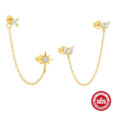 Zircon Star Butterfly Connected Chain Stud Earrings With 925 Sterling Silver Earring Post Gold Plated For Women