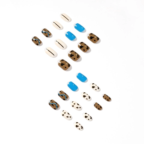 Leopard Cow Print Short Square Press On Nails Blue Contrast Waterproof Removable Artificial Nail Tips