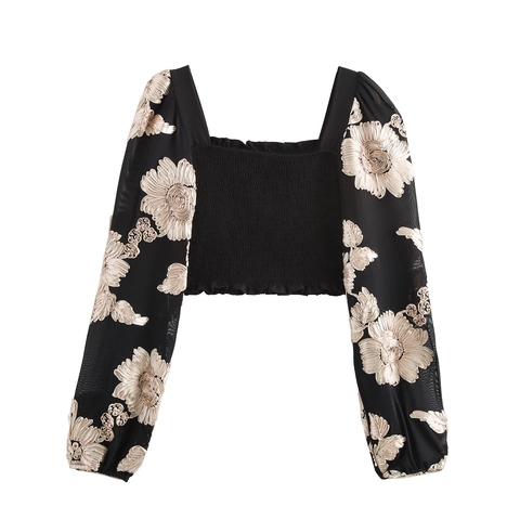 Vintage Dames Blouse Vierkante Hals Bloemenborduurwerk Mesh Lange Mouwen Gesmokt Cropped Zwart Fashion Top