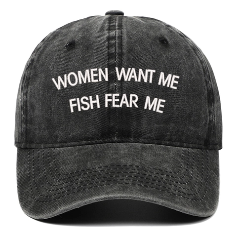 Women Want Me Fish Fear Me Baseball Cap Vintage Washed Cotton Distressed Dad Hat For Men Women Outdoor Fishing Sun Hat Adjustable