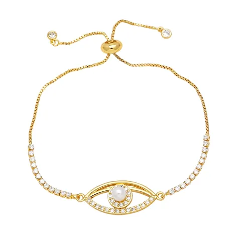 Pulsera Ajustable Evil Eye Hamsa Hand Corazón Cobre Chapado En Oro Con Perla Artificial Circón Para Mujer Joyas Elegantes