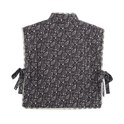 Women Reversible Paisley Print Quilted Vest Stand Collar Down Cotton Padded Waistcoat Sleeveless Jacket Side Bow Ties