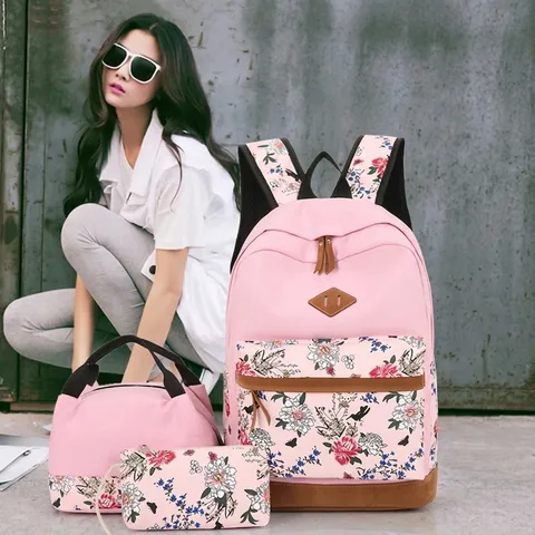 Blumenmuster Rucksack Mit Lunchtasche Und Federmäppchen Oxford Stoff Große Kapazität Lässig Schule Reise Für Frauen