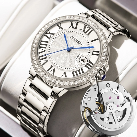 Business Men Quartz Watch Luxury Alloy Strap Rhinestone Bezel Roman Numerals Luminous Hands Calendar Waterproof Wristwatch