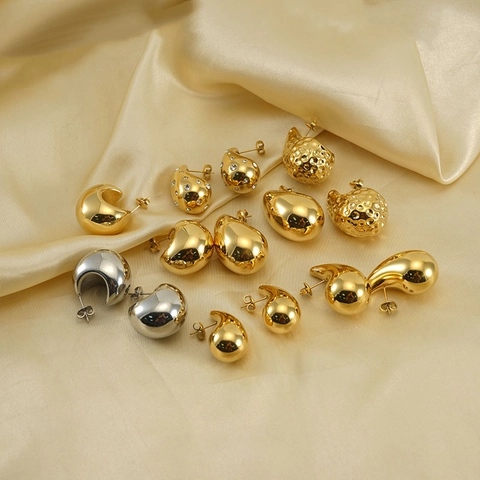 Puffy Teardrop Earrings Stainless Steel 18K Gold Plated Waterdrop Geometric Stud Earrings For Women Rhinestone Hammered INS