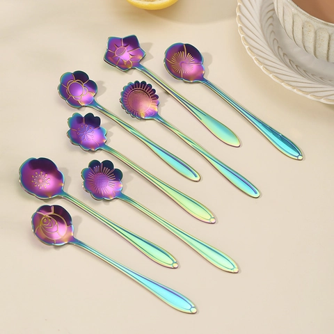 Stainless Steel Flower Coffee Spoons Rose Cherry Blossom Shape Long Handle Mirror Polished Dessert Tea Stirring Scoop