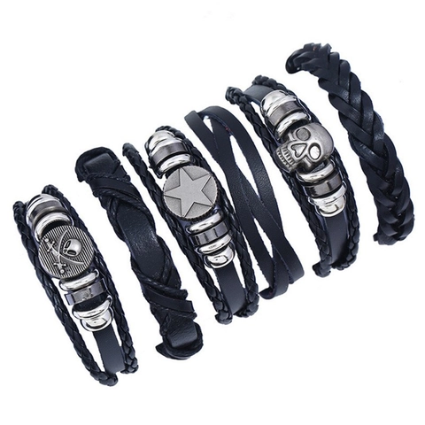 Bracciale In Vera Pelle Di Vacchetta Intrecciata Multistrato Coulisse Regolabile Lega Teschio Ancora Ciondoli Punk Retro Boemo Unisex