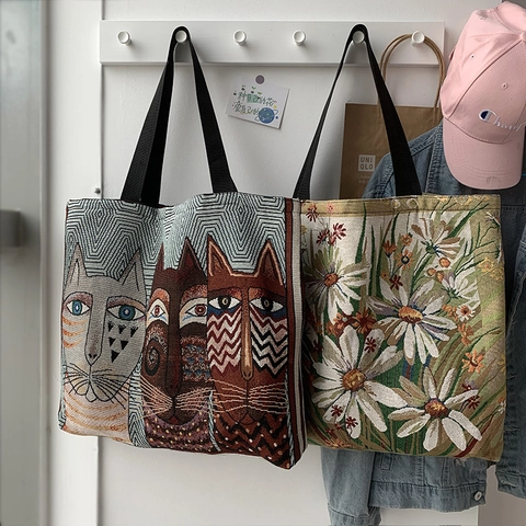 Jacquard Leinwand Einkaufstasche Große Kapazität Reißverschluss Schultertasche Tier Katze Hund Blumenmuster Retro Kunst Damen