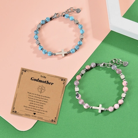 Bracciale In Perline Di Pietra Naturale Con Ciondolo A Croce In Acciaio Inossidabile Gioielli Religiosi Regalo Madrina Regolabile