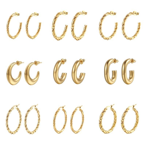 Boucles d'Oreilles Créoles Torsadées en Acier Inoxydable pour Femmes en Forme de C Or Argent Plaqué Géométrique