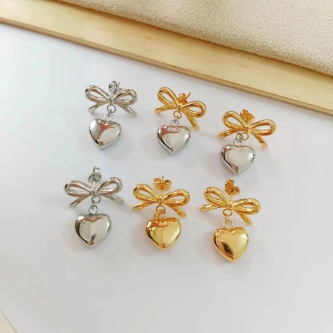 Bow Knot Heart Pendant Earrings Stainless Steel Gold Plated French Elegant Retro Style Jewelry For Women