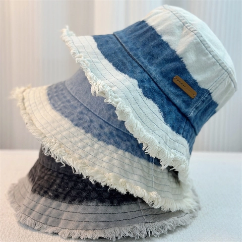 Γυναικείο Vintage Denim Καπέλο Bucket Με Ξεφτισμένες Άκρες Patchwork Gradient Πλυμένο Βαμβακερό Καπέλο Ήλιου Αναδιπλούμενο Υπαίθριο Καπέλο Ψαρά