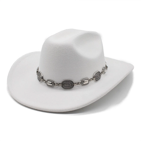 Western Cowboy Hat Wool Felt Jazz Fedora With Vintage Metal Chain Decoration Retro Wide Brim Outdoor For Men Women