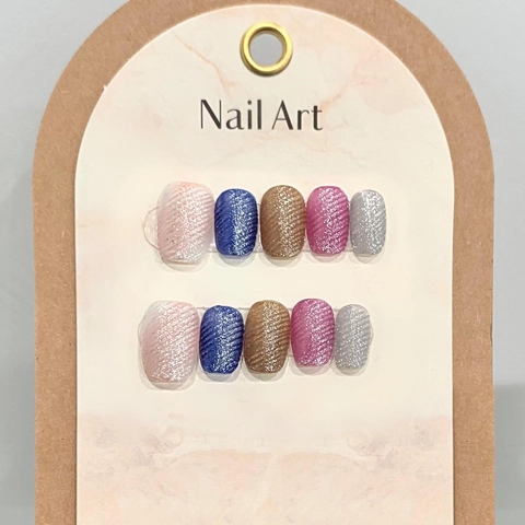Handgefertigte Katzenauge Regenbogen Künstliche Nägel Kurz Ballerina Glänzend Bunt Glitzer Kunstnägel Set Mit Kleber Kit Damen