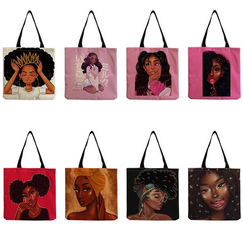 Fashion African Women Portrait Print Tote Bag Canvas Linen Reusable Eco Friendly Large Capacity Shoulder Bag For Women