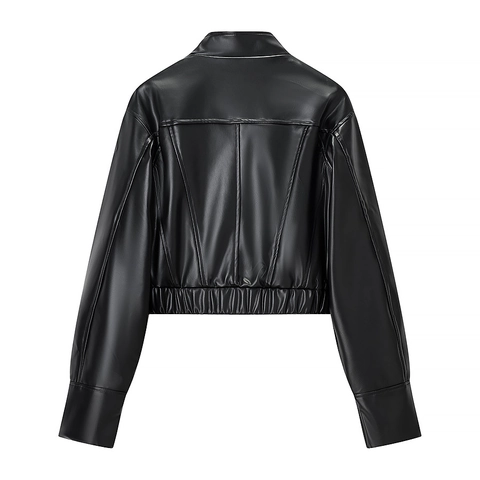 Women Faux Leather Jacket PU Stand Collar Slim Fit Long Sleeve Short Biker Coat Streetwear Outwear For Lady Black