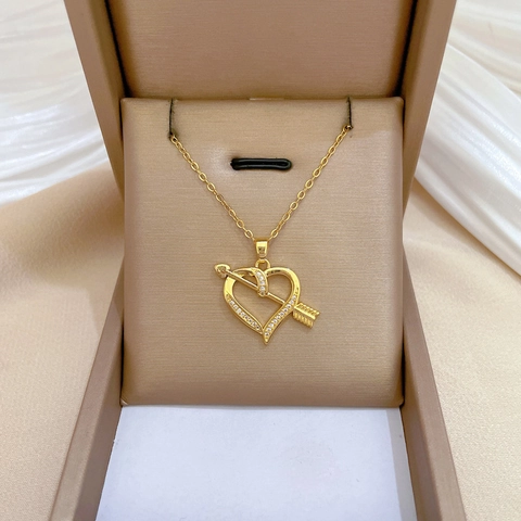 Collar Corazón Flecha Colgante De Acero Inoxidable Y Cobre Con Circón Brillante Joyería De Moda Elegante Para Mujer Oro