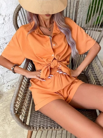Damen Sommer Hemd Und Shorts Lässig Mode Gekräuselt Texturiert Polyester Revers Kurzarm Elastische Taille Weich Komfort