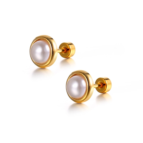 Round Simulated Artificial Pearl Stud Earrings Stainless Steel Gold Plated Minimalist Elegant Jewelry Women