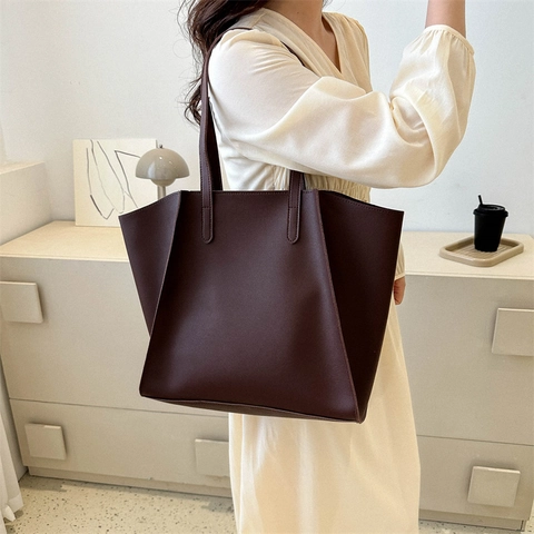 Women Large Capacity Tote Bag PU Leather Solid Color Minimalist Commuter Shoulder Bag With Pouch Fashion Casual