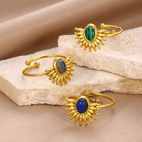 Französischer Vintage Edelstahl Sonnenform Ring Damen Böhmisch Eingelegt Türkis Malachit Tigerauge Verstellbarer Ring