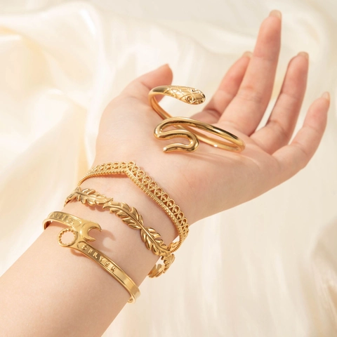 Vintage Titaniumstaal Slang Moersleutel Blad Open Manchet Armband Verguld Luxe Verstelbare Roestvrijstalen Armring Voor Dames Sieraden