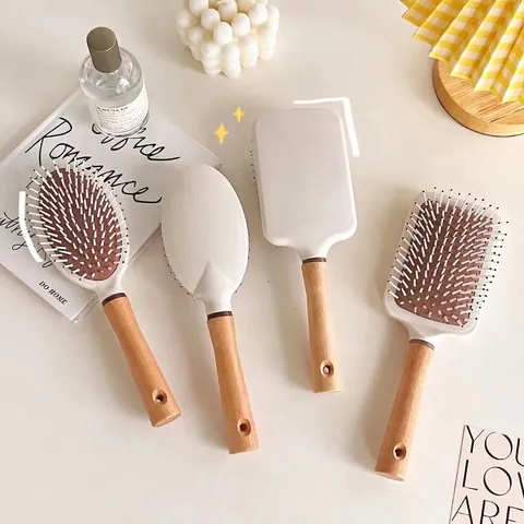 Beechwood Handle Hair Brush Scalp Massage Air Cushion Paddle Comb Anti-Static Detangling Daily Hair Care