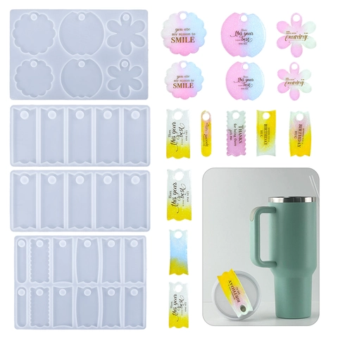 Moule En Silicone Pour Étiquettes De Tasse En Résine Forme De Fleur Et Bande Charme De Gobelet Décoration De Paille Artisanale Outil De Bricolage