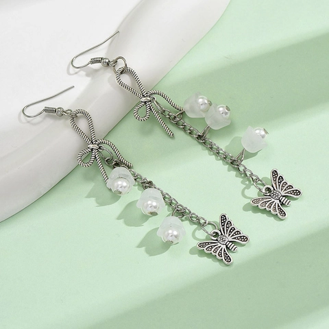 Pendientes Largos de Aleación de Plata Retro para Mujer Mariposa Lazo Lirio de los Valles Perla Artificial Pendientes Colgantes Joyería Estilo Bosque