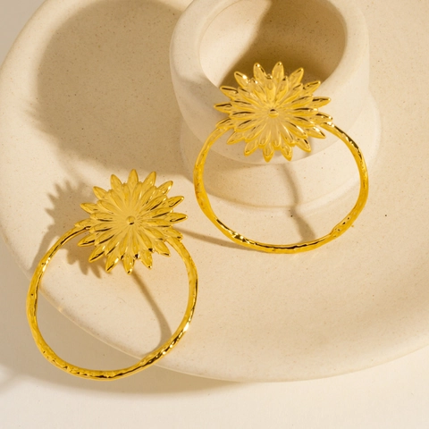 Sunflower Flower Hollow Round Hoop Earrings Stainless Steel 14K Gold Plated Textured Design Fashion Jewelry For Women