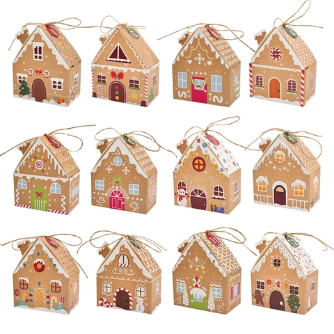 Calendario De Adviento Navidad Casa De Jengibre Cajas De Regalo Papel Kraft Con Cuerda Pegatinas Decoración De Fiesta
