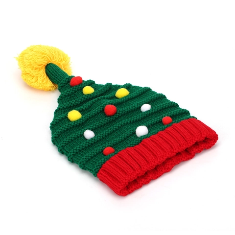 Christmas Tree Shape Knitted Beanie Hat Acrylic Warm Winter Holiday Party Decor Colorful Pom Pom Top Decoration