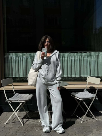Women Zip Up Hoodie And Wide Leg Pants Outfits Cotton Knitted Sporty Loungewear Tracksuit Casual Loose Streetwear Grey