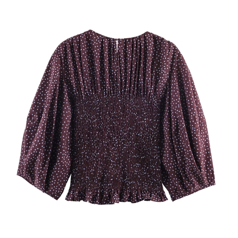 Polka Dot Damen Bluse Polyester Ballonärmel Gesmokte Taille Rundhalsausschnitt Lässiges Elegantes Oberteil