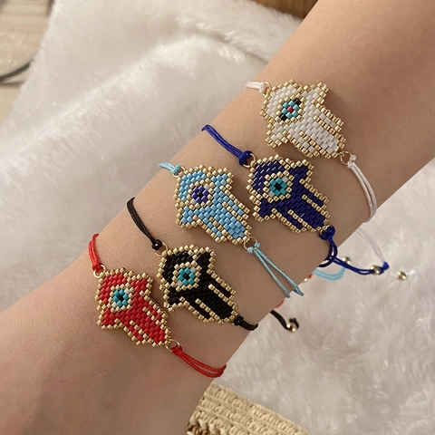 Hamsa Hand Handgeflochtenes Glasperlen Armband Mit Bösem Blick Verstellbares Seil Schmuck Für Damen Und Mädchen