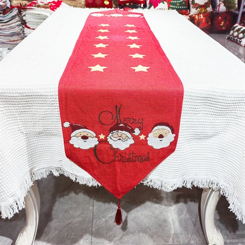 Christmas Table Runner Red Knitted Fabric Santa Claus Pattern Tassels Holiday Dining Party Home Decoration Accessory