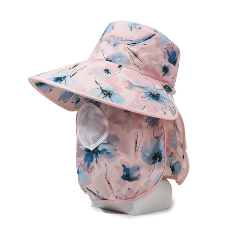 Women Sun Hat Wide Brim Cotton UV Protection Face Mask Neck Flap Floral Print Breathable Outdoor Gardening Leisure