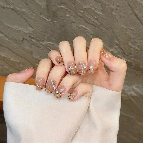 Unghie Finte a Pressione Leopardate Fatte a Mano Sfumate Marrone Caldo Strass Glitter Lussuose Unghie Finte per Donna Accessori Quotidiani