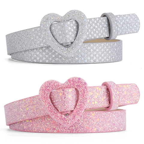 Cintura Decorativa per Bambine con Fibbia in Lega a Forma di Cuore in Pelle PU con Glitter e Motivo a Stelle per Scuola e Feste