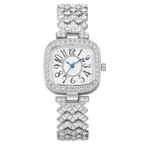 Lussuoso Orologio al Quarzo da Donna Quadrato con Strass Moda Orologio da Polso con Cinturino in Metallo Lancette Blu Numeri Arabi