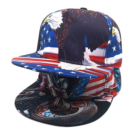 Casquette Snapback Drapeau Américain Aigle Polyester Bord Plat Imprimé Moto Hip Hop Baseball Pour Streetwear