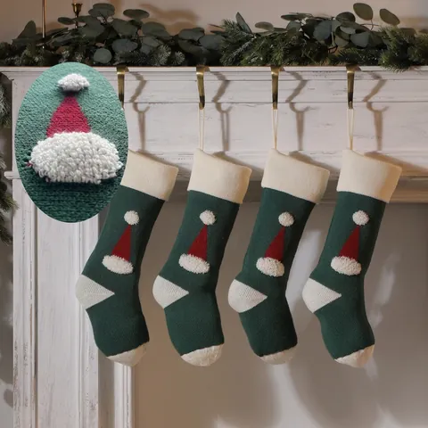 Knitted Christmas Stocking Acrylic 3D Santa Hat Pattern Fireplace Hanging Holiday Gift Bag Decoration