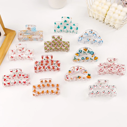 Pinzas Para El Cabello De Navidad Acrílico Transparente Festivo Papá Noel Muñeco De Nieve Patrón De Jengibre Para Mujeres