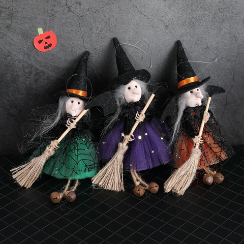 Διακοσμητικό Κρεμαστό Μάγισσα Halloween Με Σκούπα Φούστα Γάζα Σχέδιο Ιστός Αράχνης Αστέρια Μεταλλικά Κουδούνια για Πάρτι Μπαρ Σπίτι