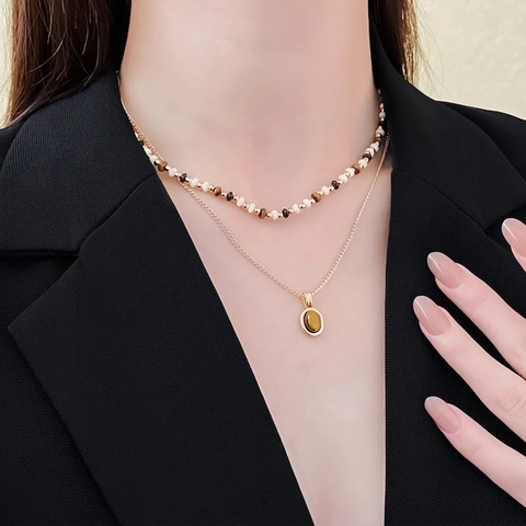 Collar Con Colgante De Varias Capas Con Piedra Ojo De Tigre Ovalada Y Cuentas De Aleación De Cobre Chapadas En Oro Joyas Retro